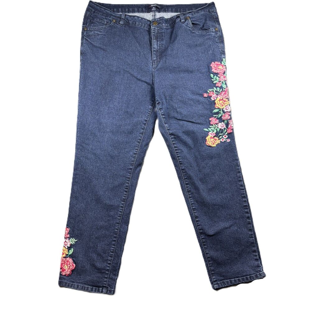 Denim 24/7 Women Jeans Vintage Embroidered Floral Straight Dark Wash 20W Q151